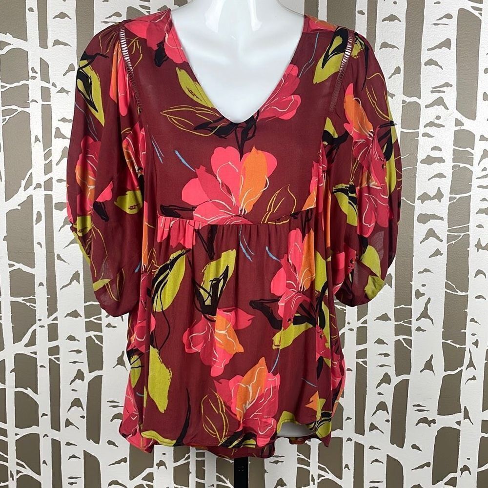 Anthropologie Maeve Floral Print Balloon Sleeve Hi-Low Hem Blouse XS